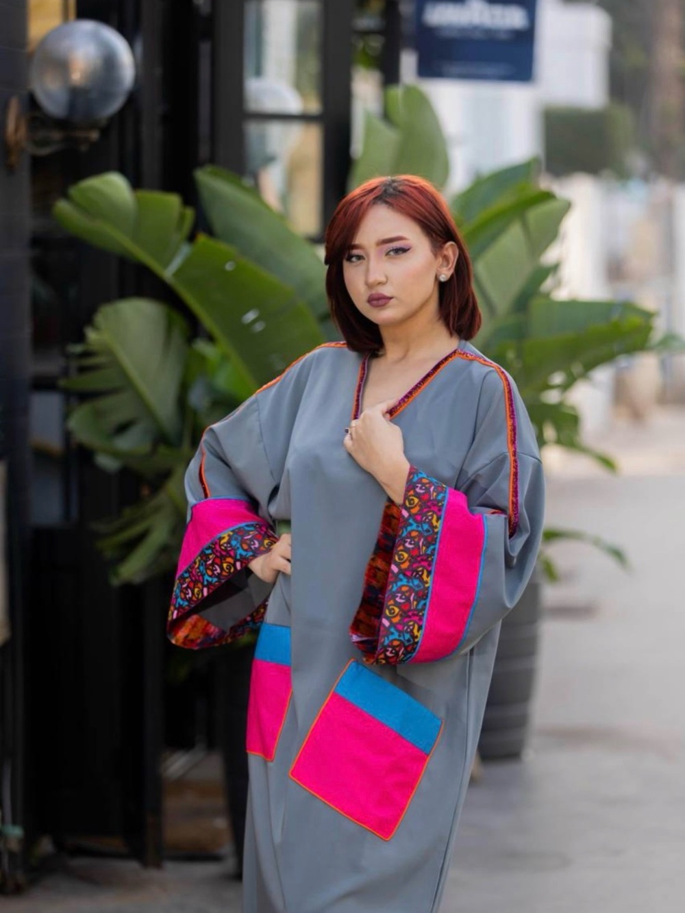 Gray Kaftan Dress with Pink & Blue Accent - Picture 4 of 8
